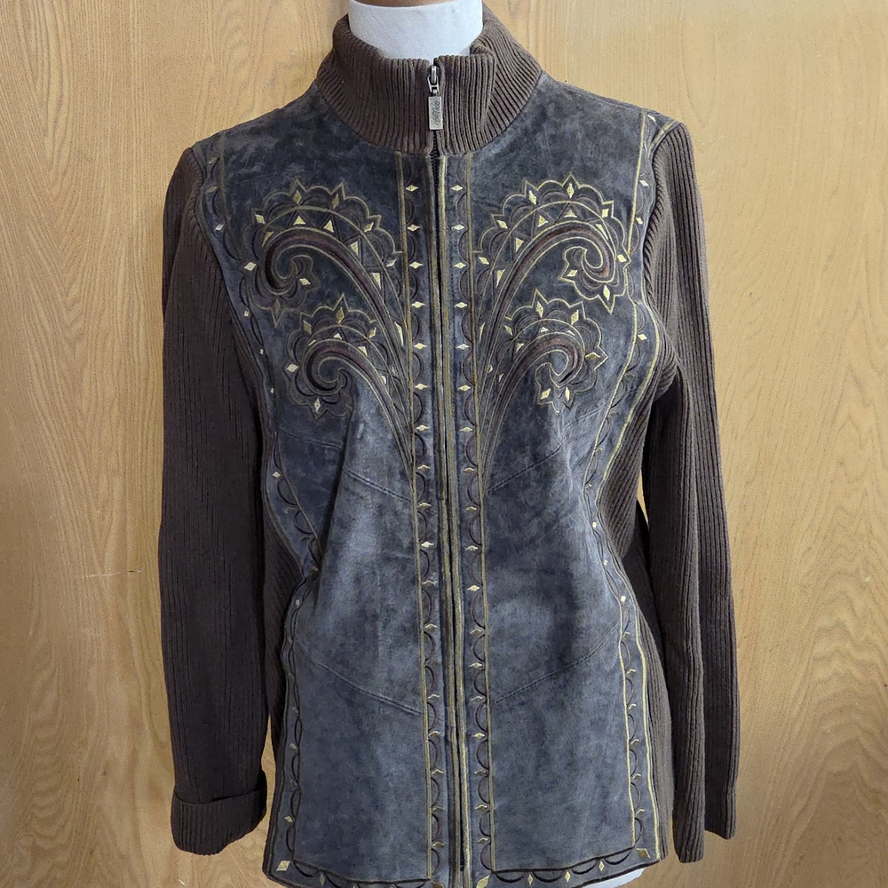Bob Mackie Brown Leather Sweater Jacket Sz MED LIKE NEW NEW
